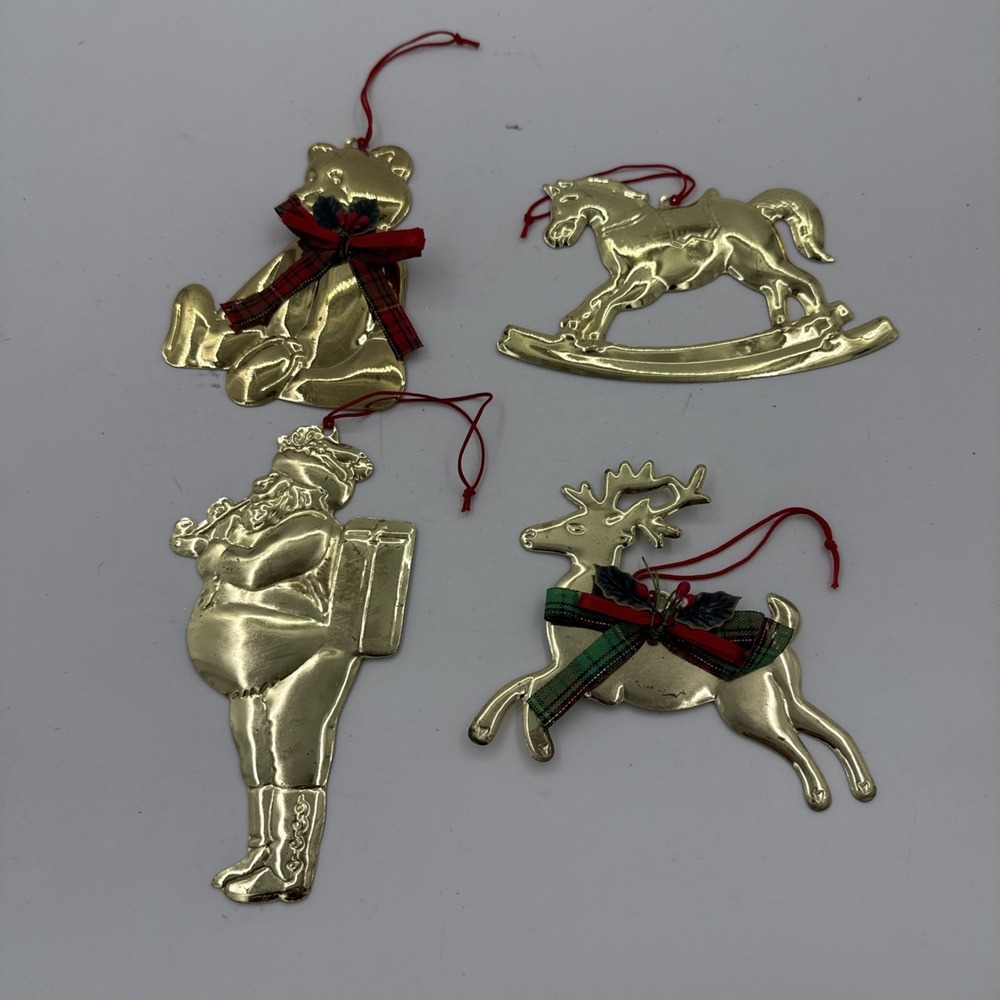 Lot Of 4 Vintage Brass Metal Ornaments Santa, Teddy Bear, Reindeer, Horse